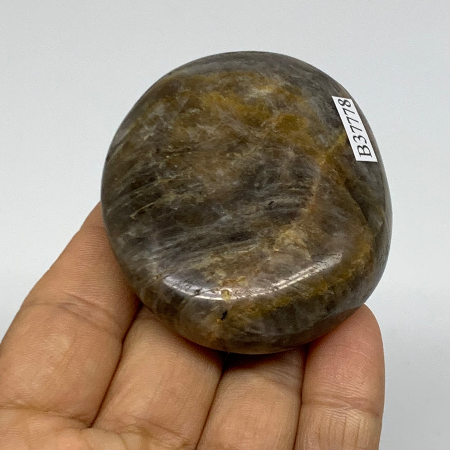 97g, 2.4"x2.1"x0.8",  Black Moonstone Crystal Palm-Stone Polished, B37778