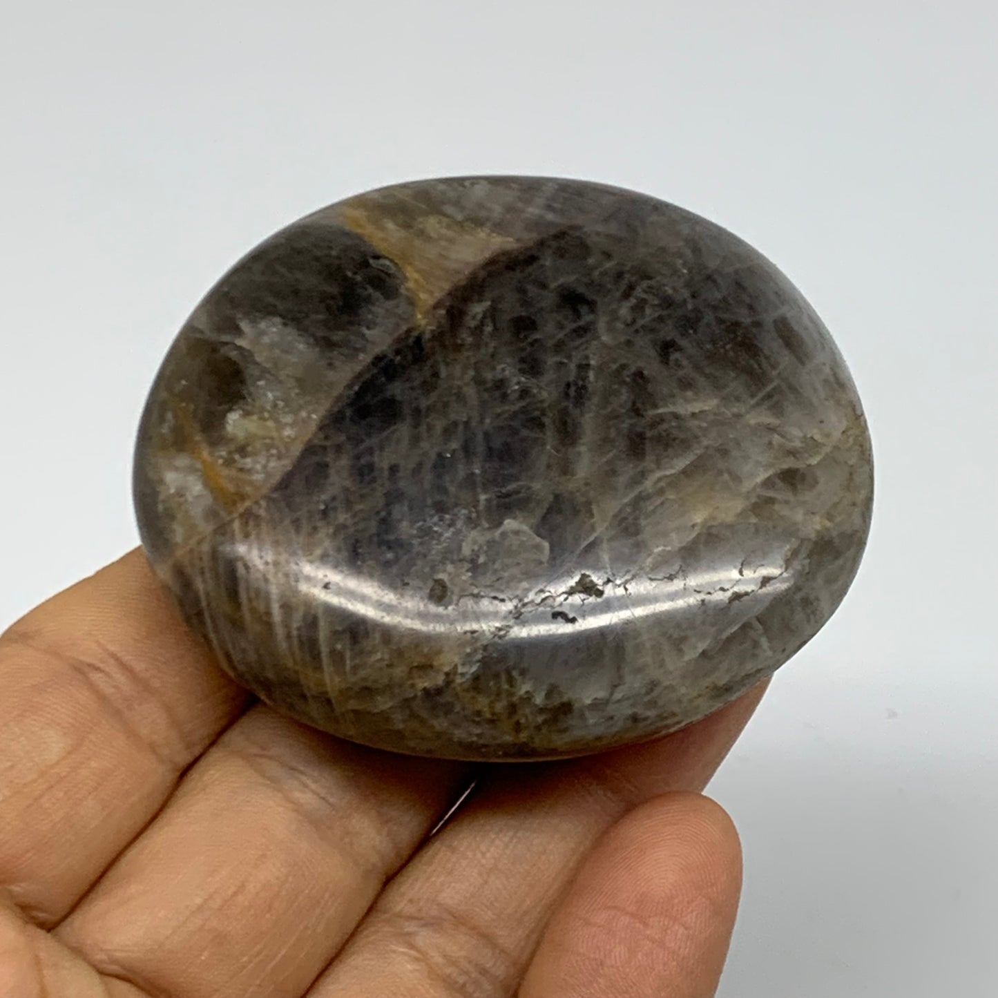 97g, 2.4"x2.1"x0.8",  Black Moonstone Crystal Palm-Stone Polished, B37778