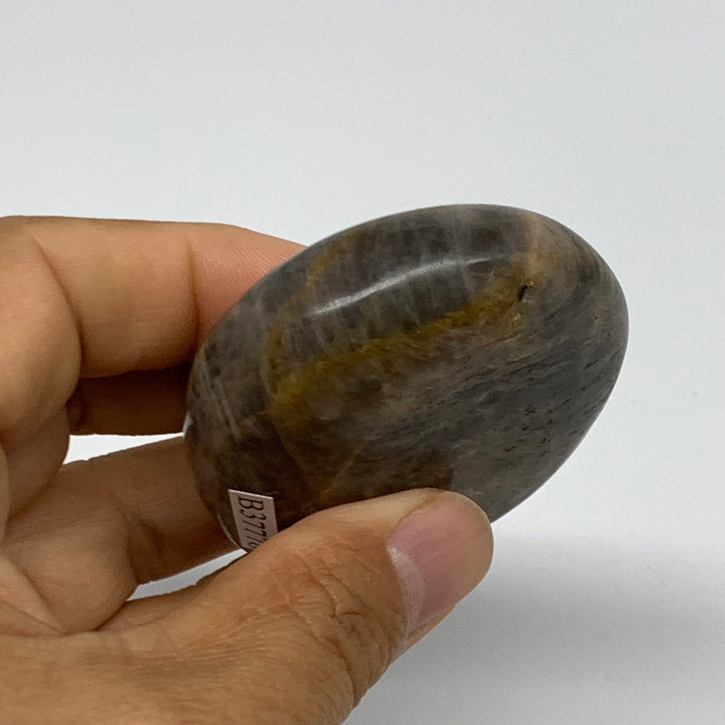 97g, 2.4"x2.1"x0.8",  Black Moonstone Crystal Palm-Stone Polished, B37778