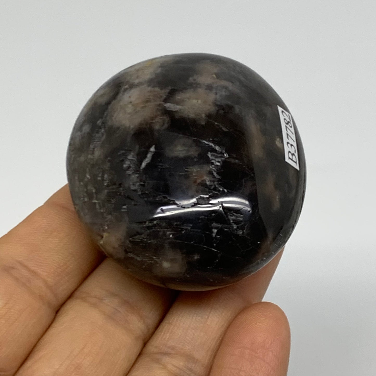 92.8g, 2.1"x1.9"x1.1",  Black Moonstone Crystal Palm-Stone Polished, B37782