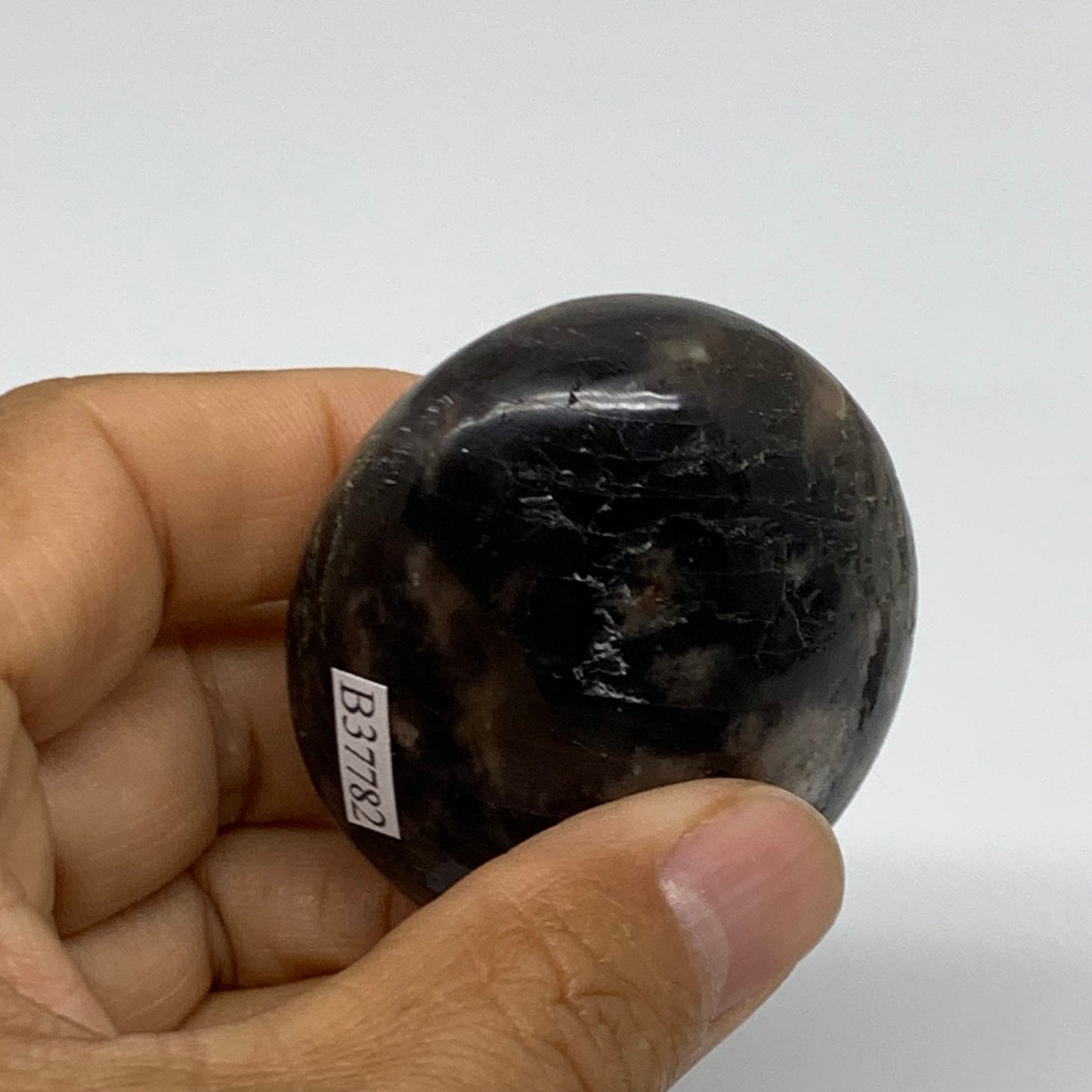 92.8g, 2.1"x1.9"x1.1",  Black Moonstone Crystal Palm-Stone Polished, B37782