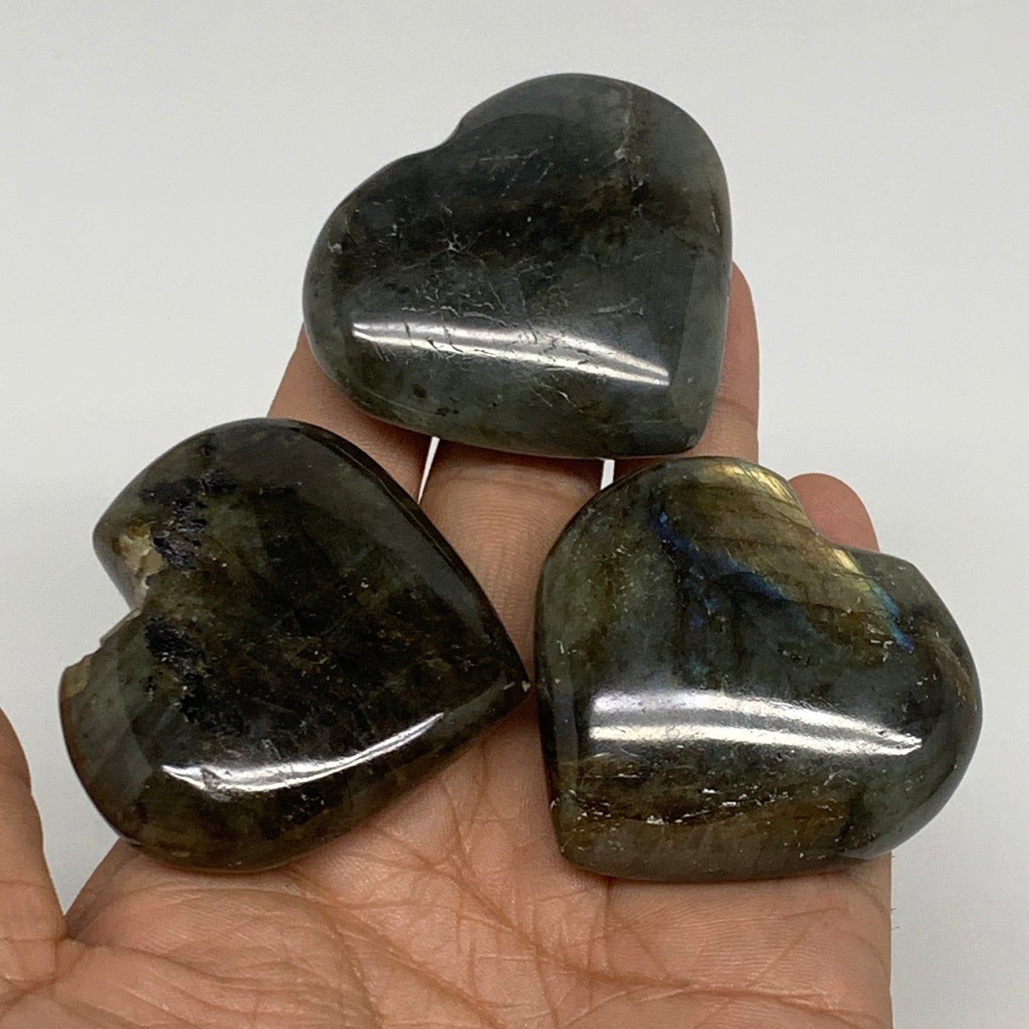 160g, 1.8" - 1.9", 3pcs, Natural Labradorite Heart Polished Crystal, B35514