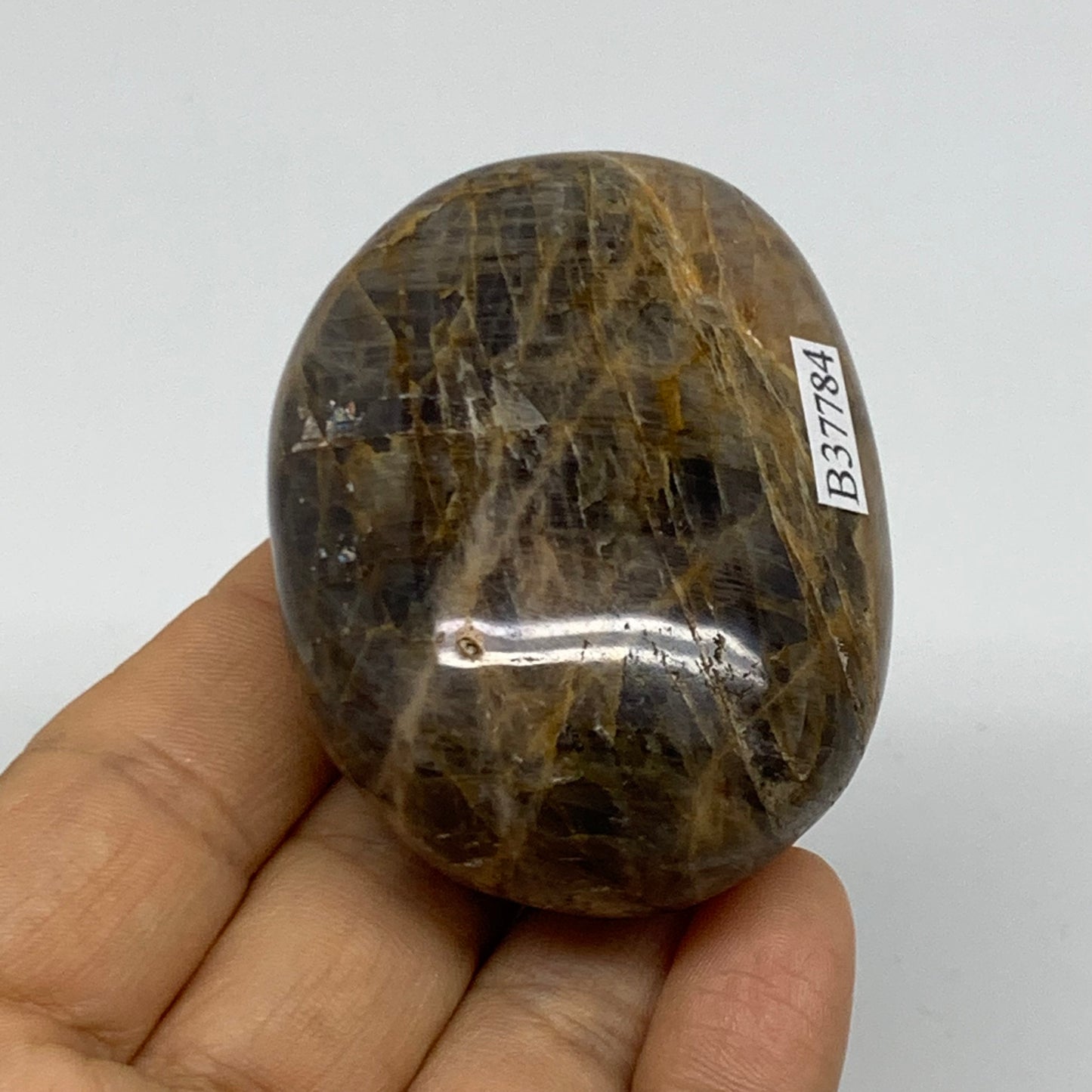 121.5g, 2.4"x1.8"x1.1",  Black Moonstone Crystal Palm-Stone Polished, B37784