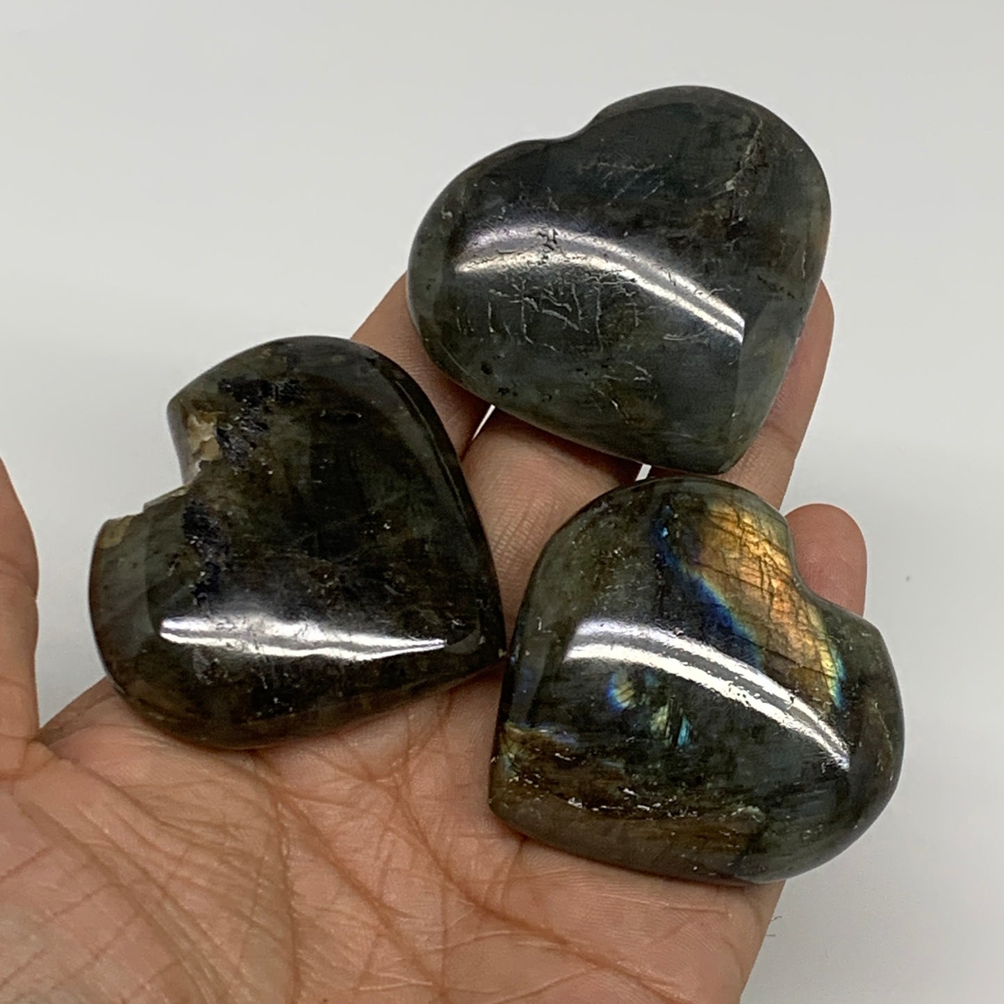 160g, 1.8" - 1.9", 3pcs, Natural Labradorite Heart Polished Crystal, B35514