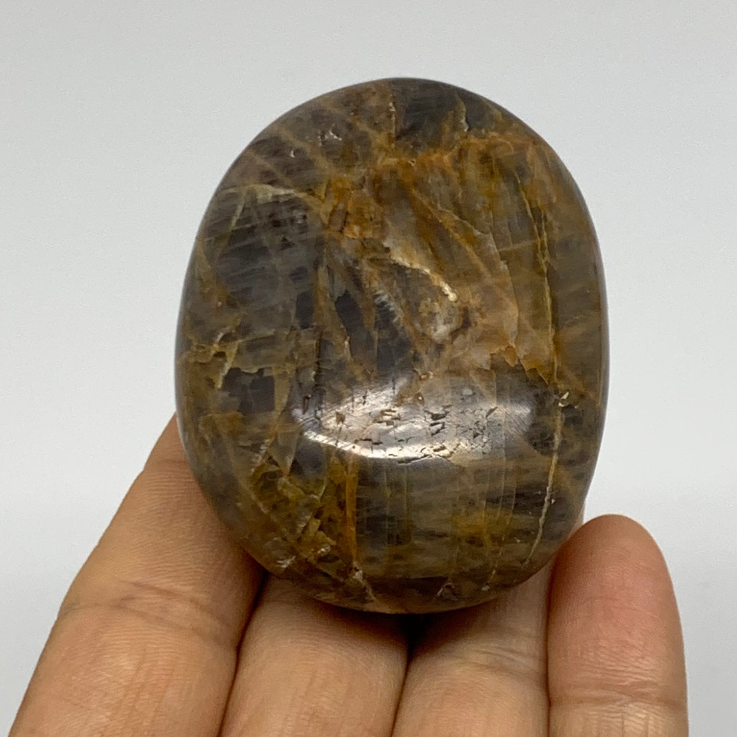 121.5g, 2.4"x1.8"x1.1",  Black Moonstone Crystal Palm-Stone Polished, B37784