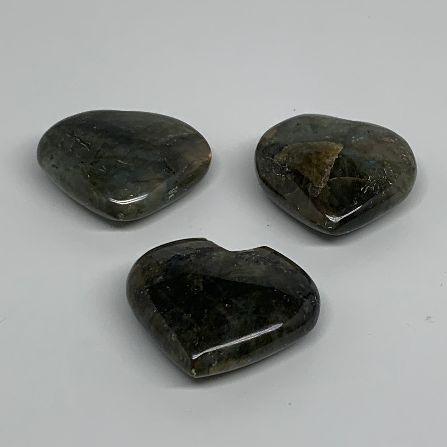160g, 1.8" - 1.9", 3pcs, Natural Labradorite Heart Polished Crystal, B35514