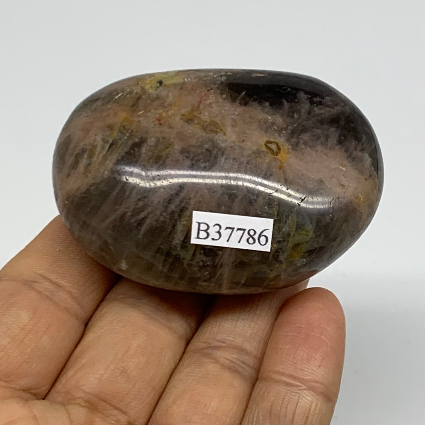113.7g, 2.4"x1.7"x1.1",  Black Moonstone Crystal Palm-Stone Polished Reiki, B377