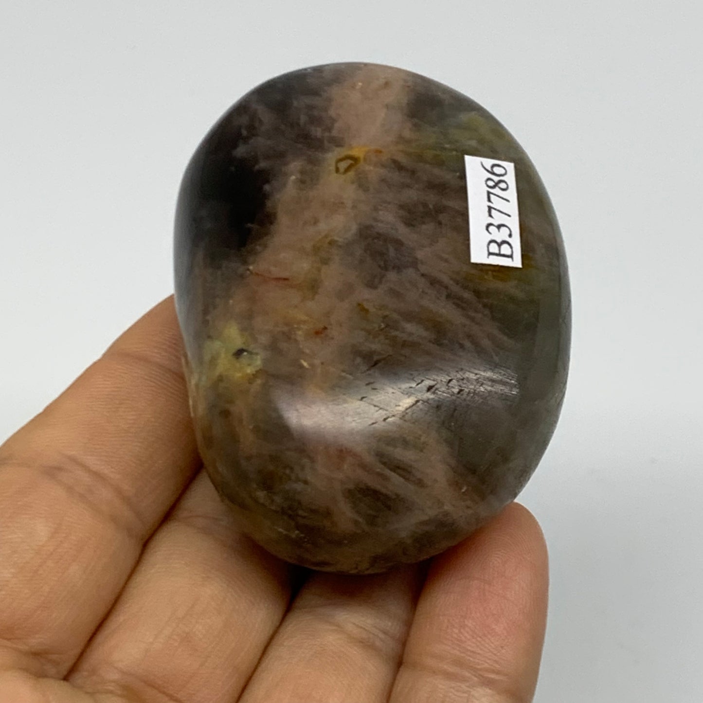 113.7g, 2.4"x1.7"x1.1",  Black Moonstone Crystal Palm-Stone Polished Reiki, B377