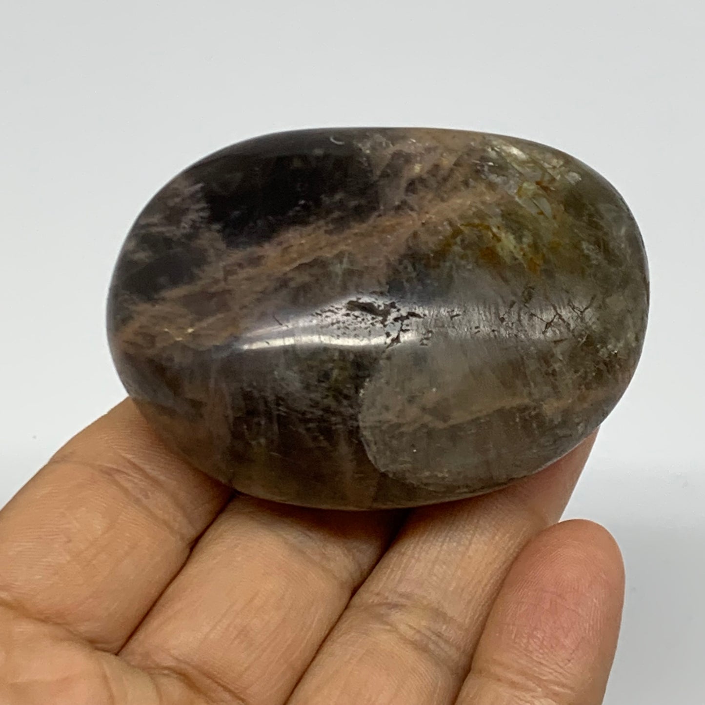 113.7g, 2.4"x1.7"x1.1",  Black Moonstone Crystal Palm-Stone Polished Reiki, B377