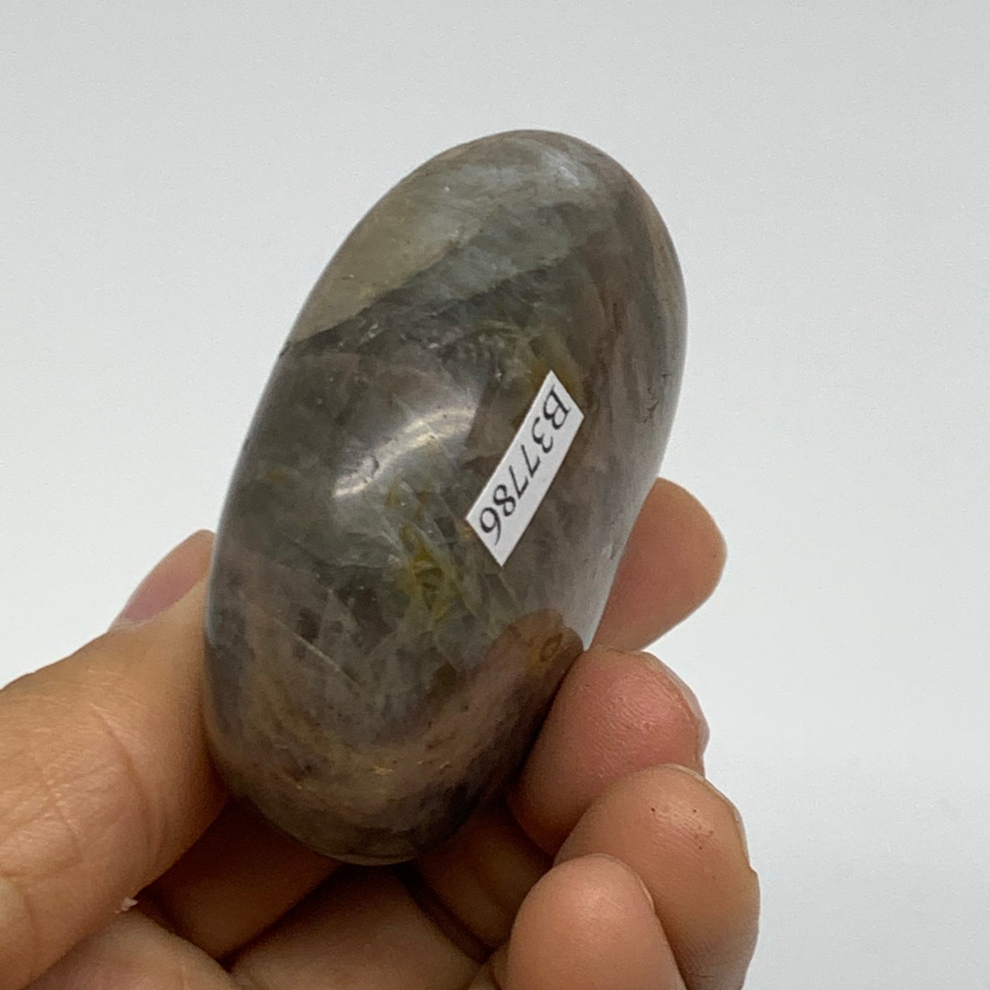 113.7g, 2.4"x1.7"x1.1",  Black Moonstone Crystal Palm-Stone Polished Reiki, B377