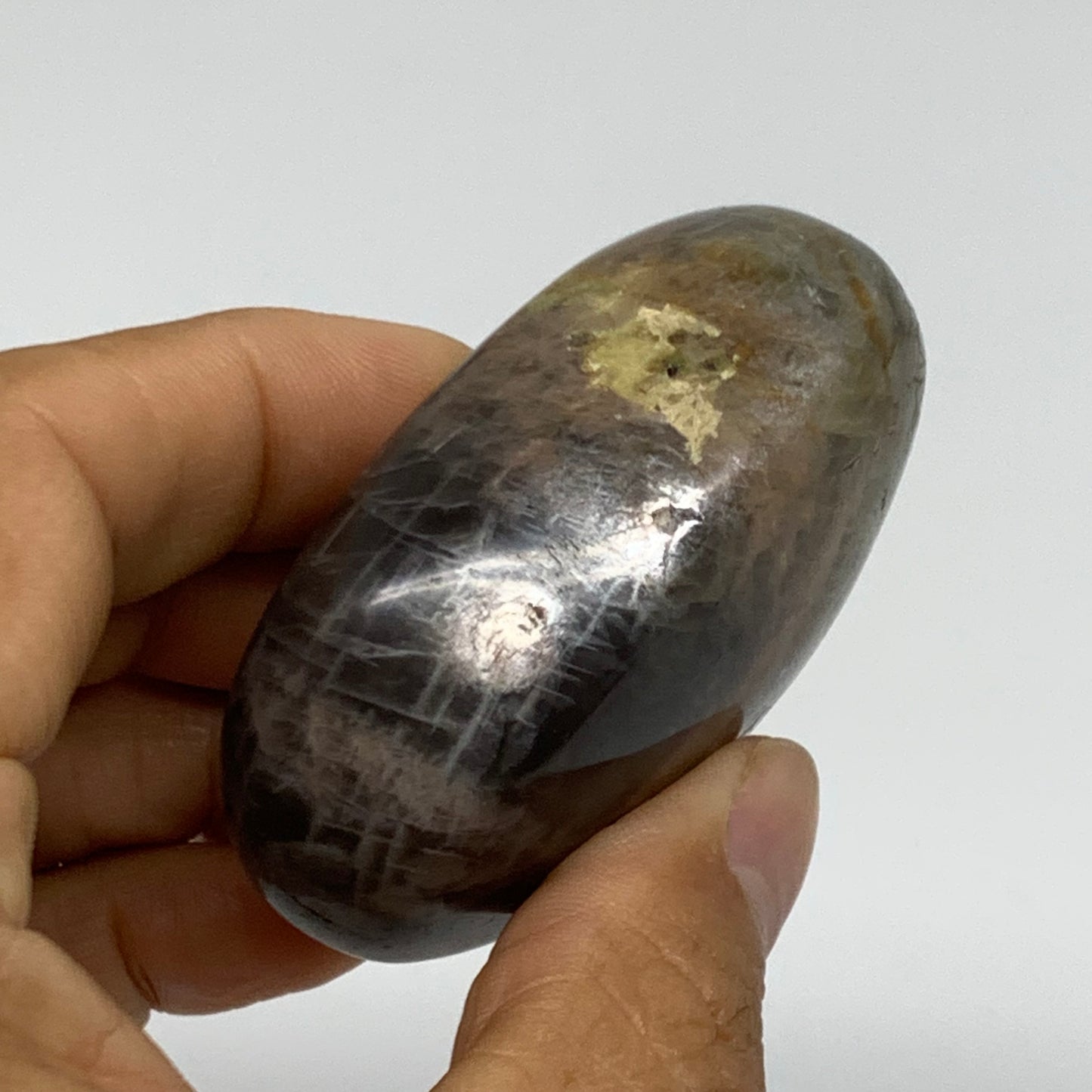 113.7g, 2.4"x1.7"x1.1",  Black Moonstone Crystal Palm-Stone Polished Reiki, B377