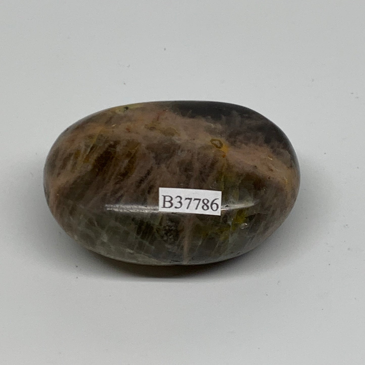 113.7g, 2.4"x1.7"x1.1",  Black Moonstone Crystal Palm-Stone Polished Reiki, B377