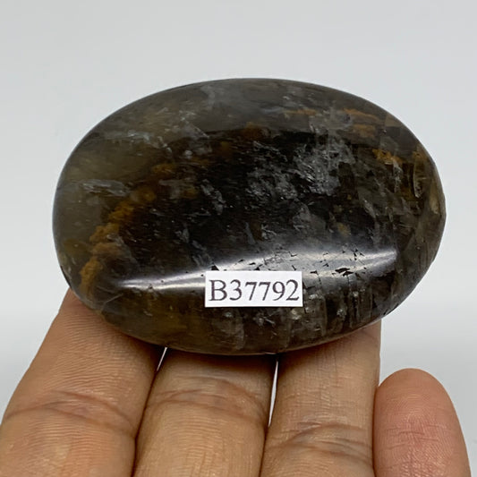 85g, 2.3"x1.8"x0.8",  Black Moonstone Crystal Palm-Stone Polished, B37792
