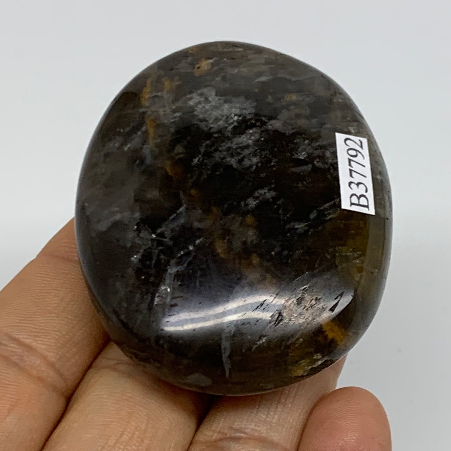 85g, 2.3"x1.8"x0.8",  Black Moonstone Crystal Palm-Stone Polished, B37792