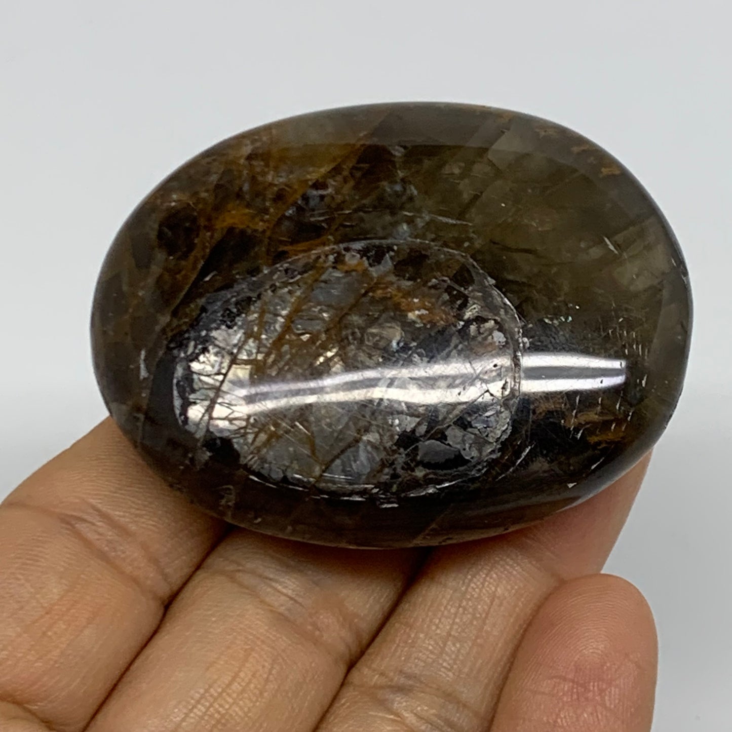 85g, 2.3"x1.8"x0.8",  Black Moonstone Crystal Palm-Stone Polished, B37792