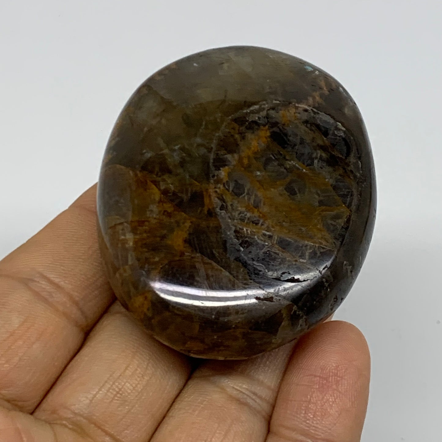 85g, 2.3"x1.8"x0.8",  Black Moonstone Crystal Palm-Stone Polished, B37792