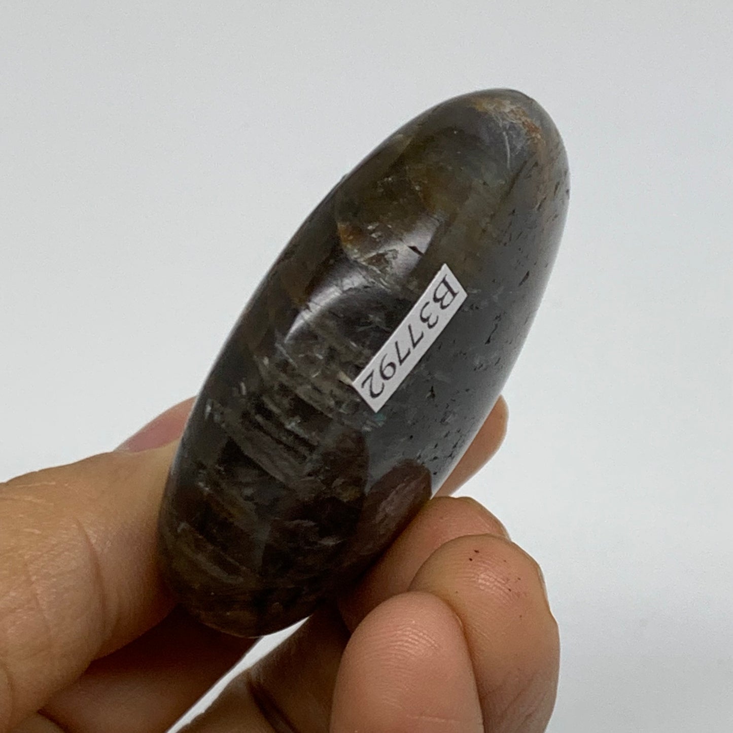 85g, 2.3"x1.8"x0.8",  Black Moonstone Crystal Palm-Stone Polished, B37792