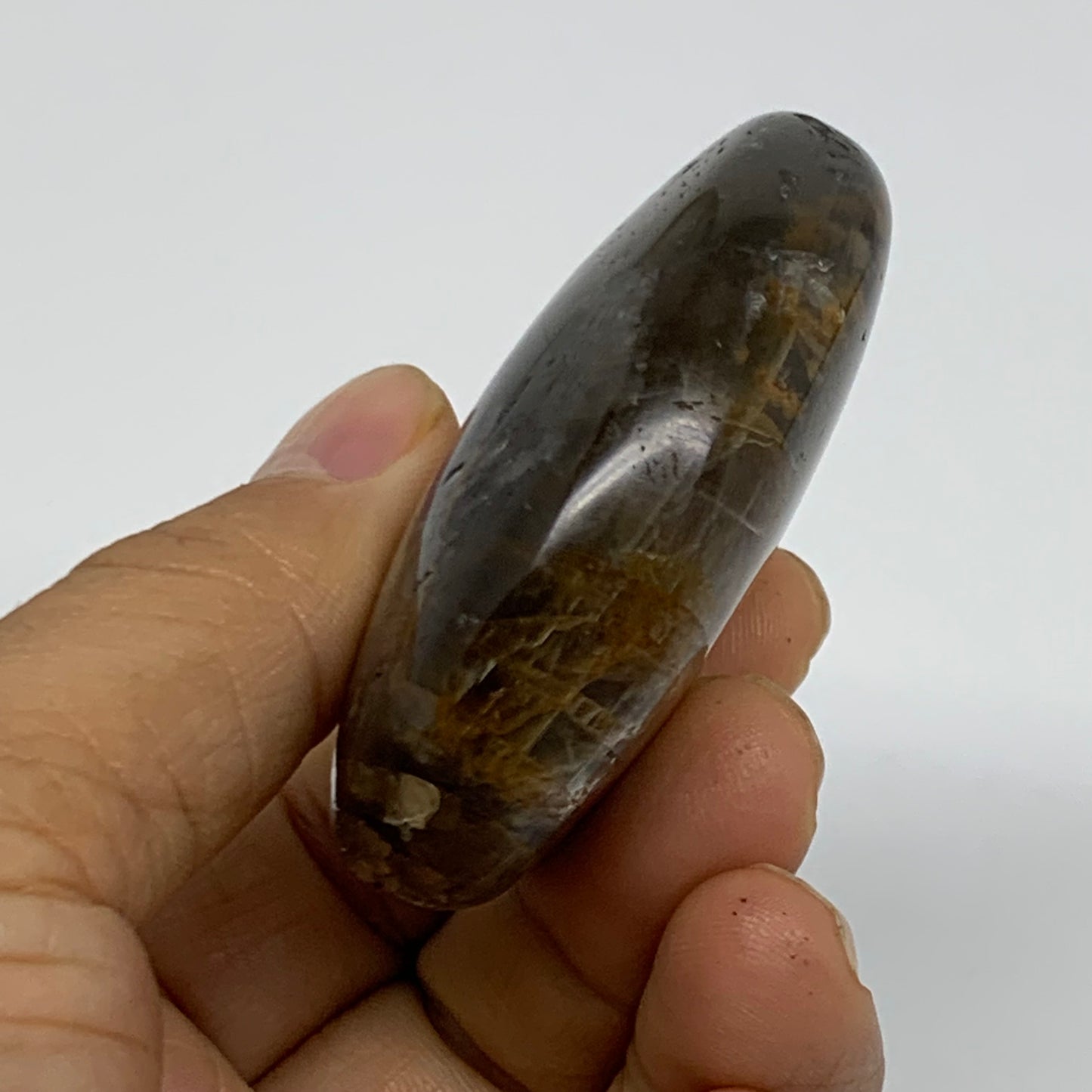 85g, 2.3"x1.8"x0.8",  Black Moonstone Crystal Palm-Stone Polished, B37792