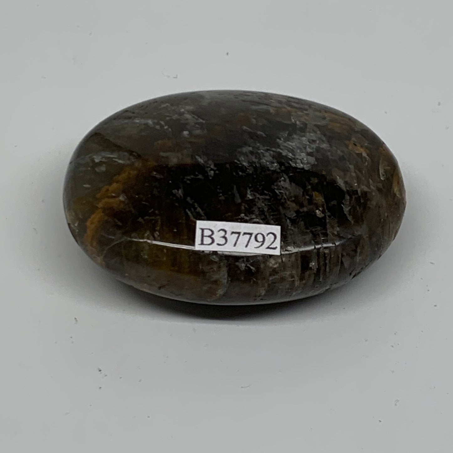 85g, 2.3"x1.8"x0.8",  Black Moonstone Crystal Palm-Stone Polished, B37792