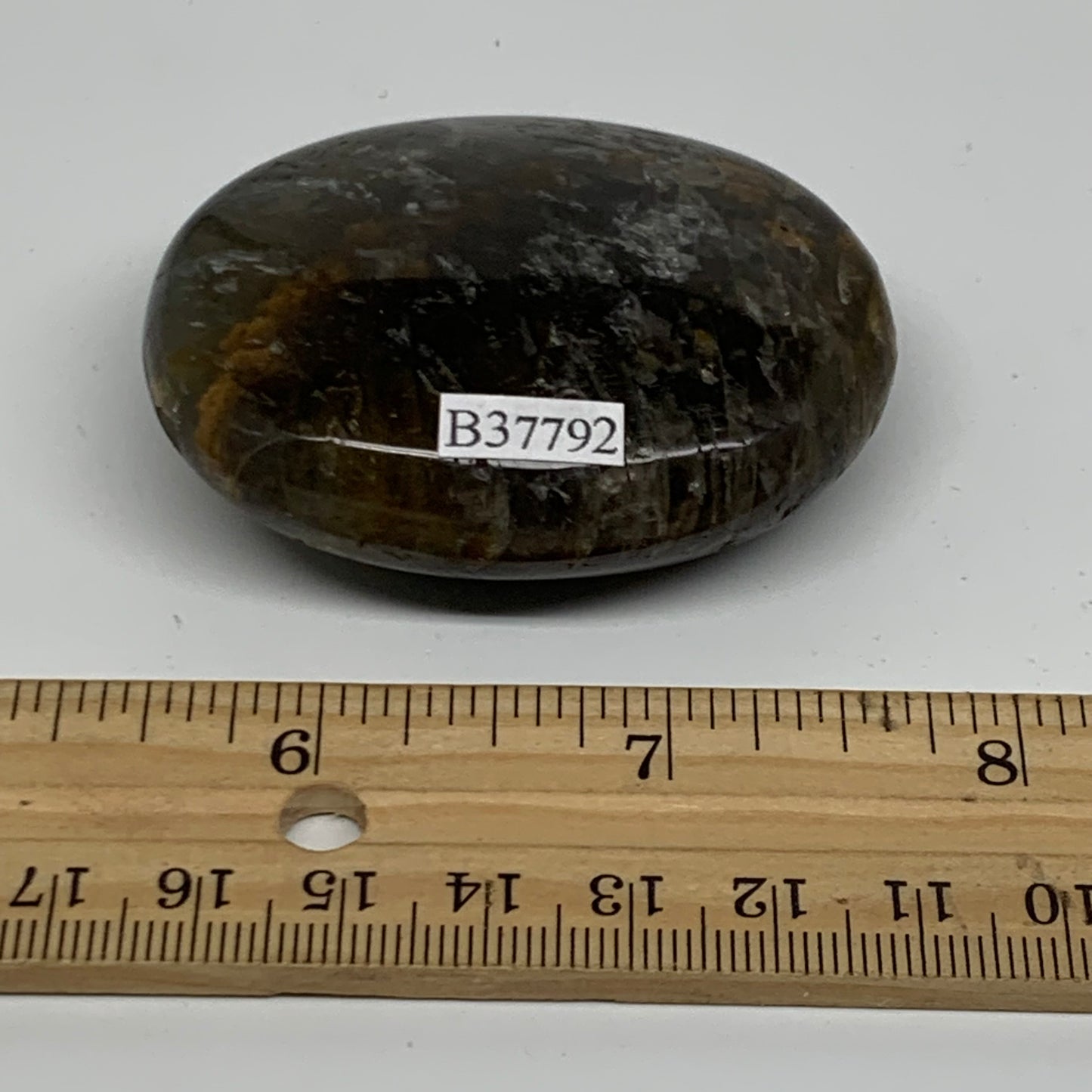 85g, 2.3"x1.8"x0.8",  Black Moonstone Crystal Palm-Stone Polished, B37792