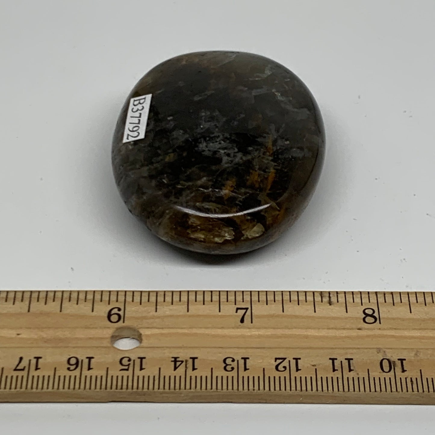 85g, 2.3"x1.8"x0.8",  Black Moonstone Crystal Palm-Stone Polished, B37792