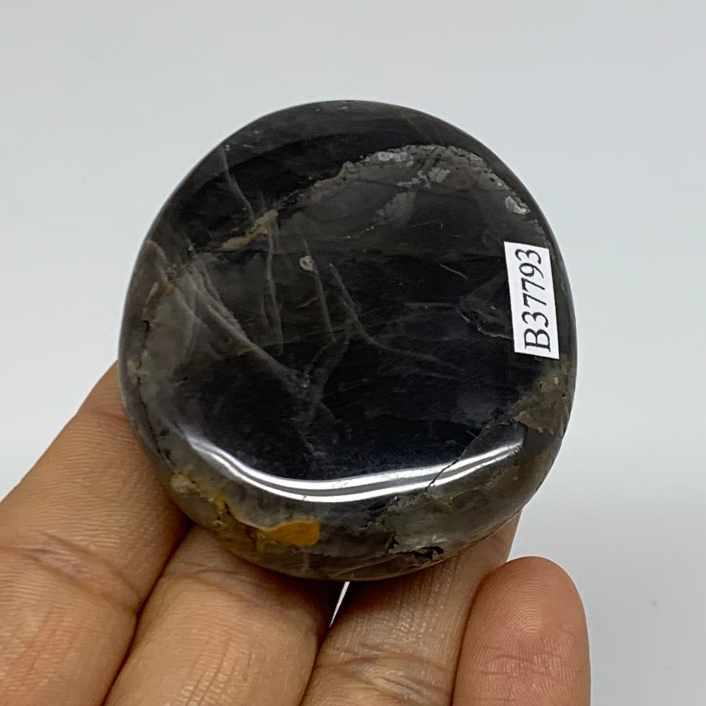 73.7g, 2.3"x1.9"x0.6",  Black Moonstone Crystal Palm-Stone Polished, B37793