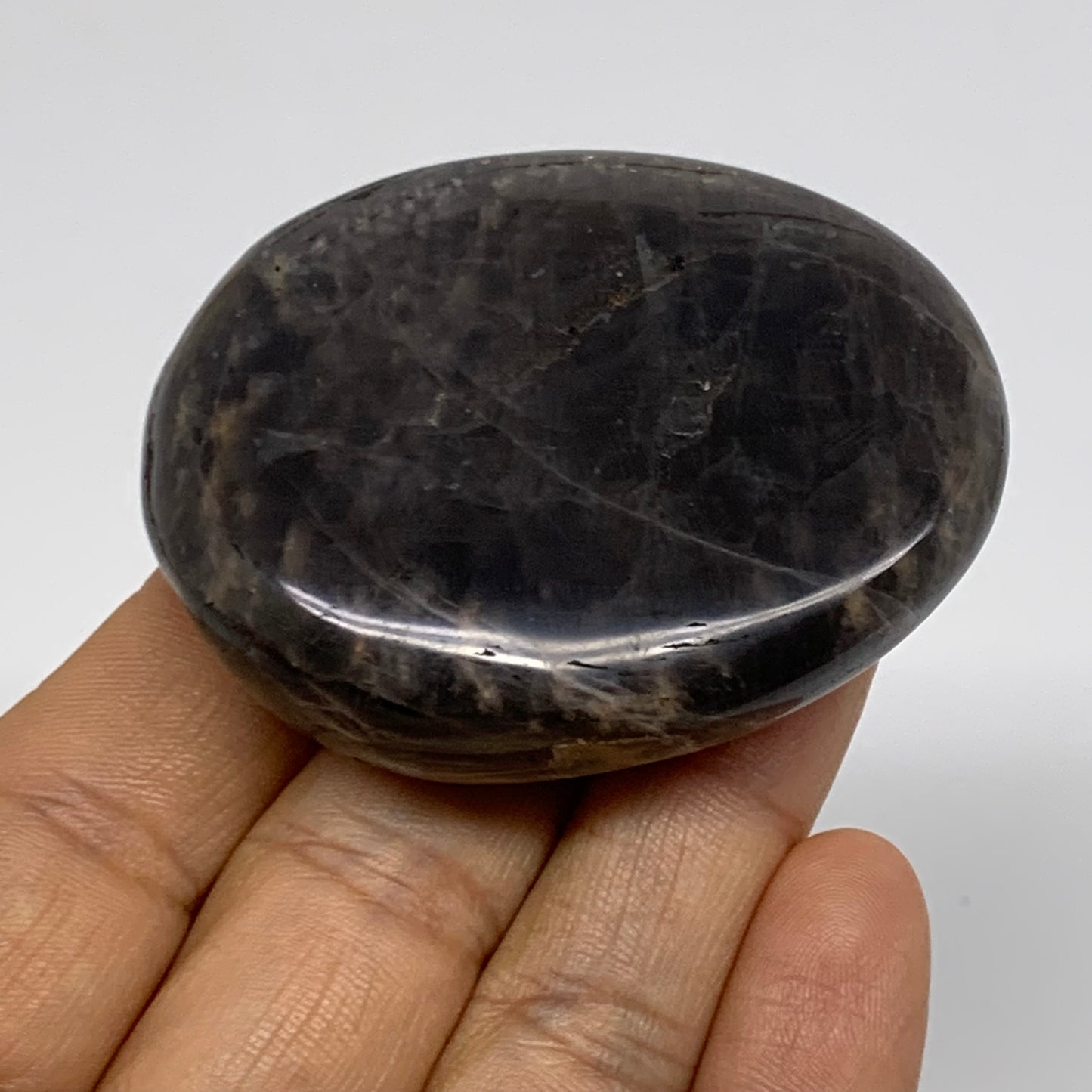 73.7g, 2.3"x1.9"x0.6",  Black Moonstone Crystal Palm-Stone Polished, B37793