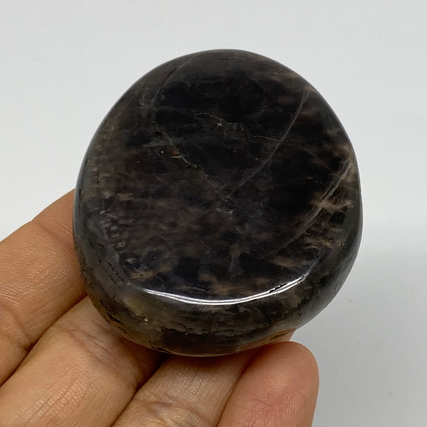 73.7g, 2.3"x1.9"x0.6",  Black Moonstone Crystal Palm-Stone Polished, B37793
