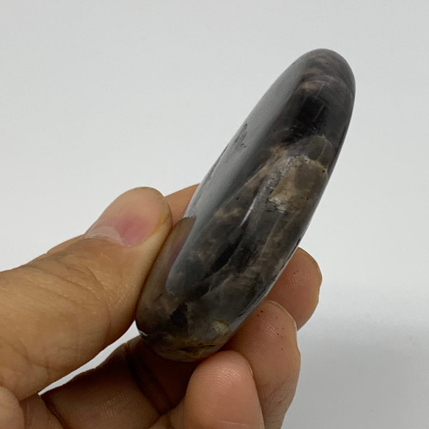 73.7g, 2.3"x1.9"x0.6",  Black Moonstone Crystal Palm-Stone Polished, B37793