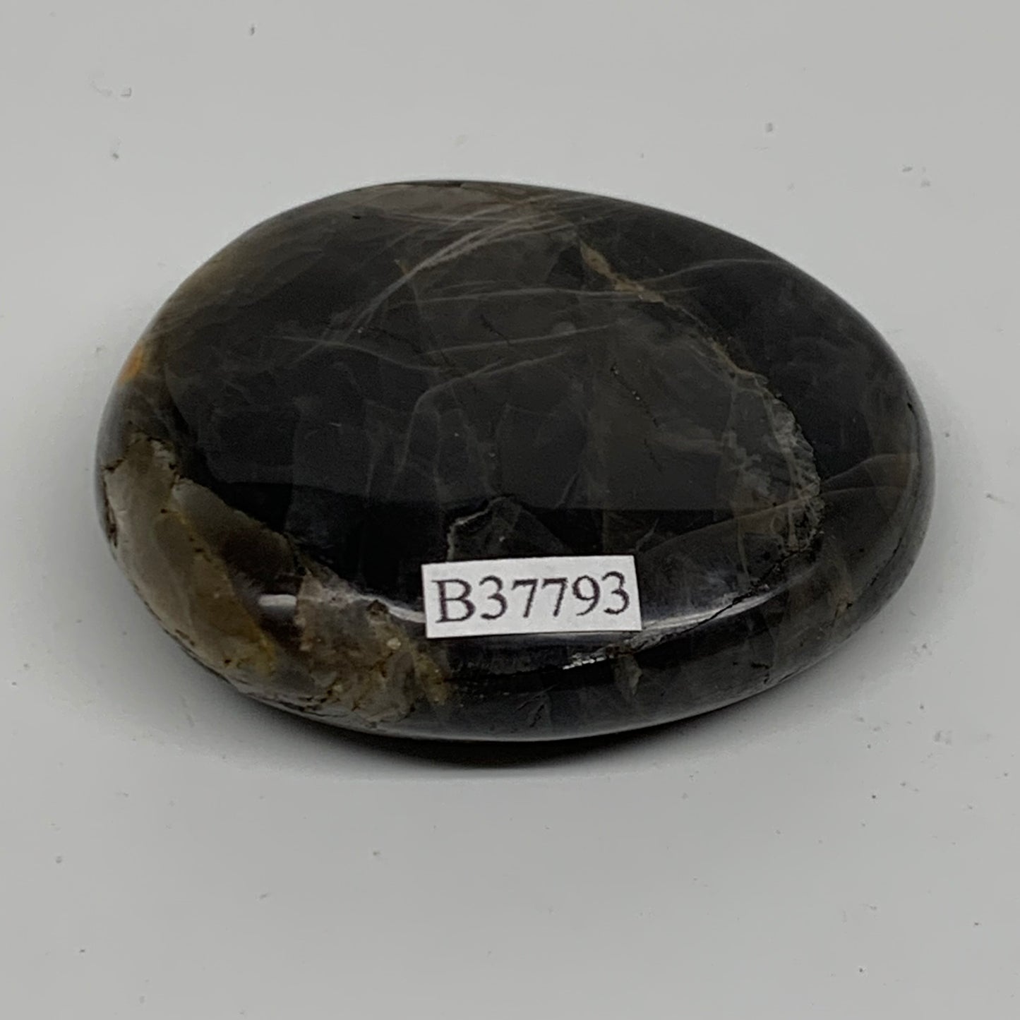 73.7g, 2.3"x1.9"x0.6",  Black Moonstone Crystal Palm-Stone Polished, B37793