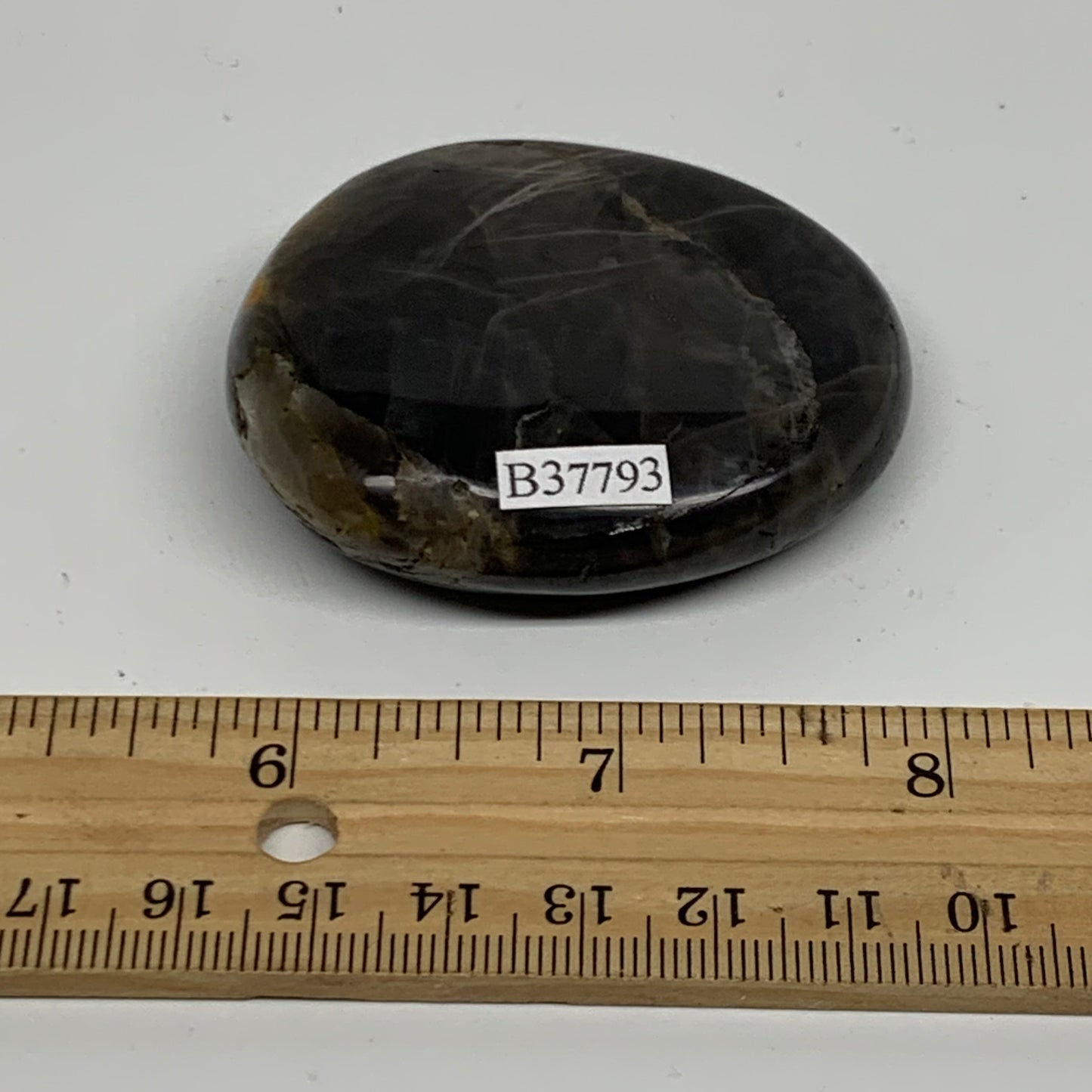 73.7g, 2.3"x1.9"x0.6",  Black Moonstone Crystal Palm-Stone Polished, B37793