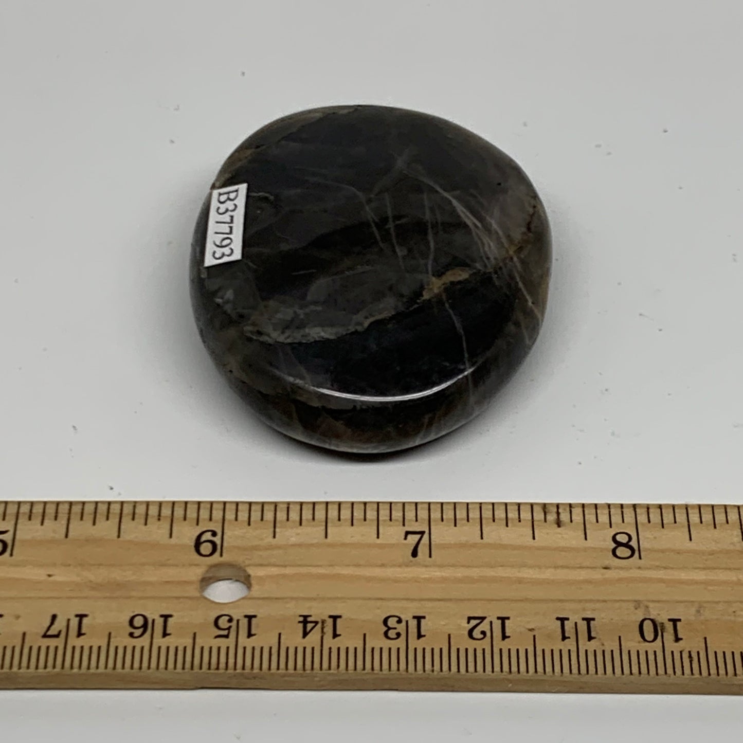 73.7g, 2.3"x1.9"x0.6",  Black Moonstone Crystal Palm-Stone Polished, B37793