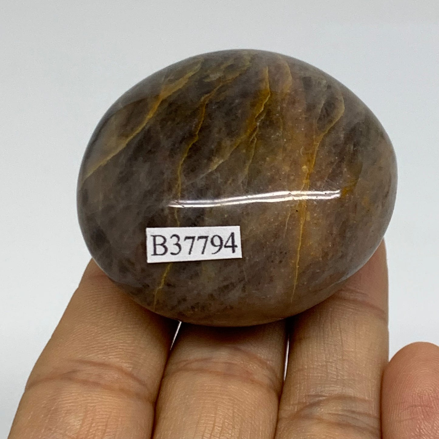 89.3g, 1.9"x1.8"x1.1",  Black Moonstone Crystal Palm-Stone Polished, B37794