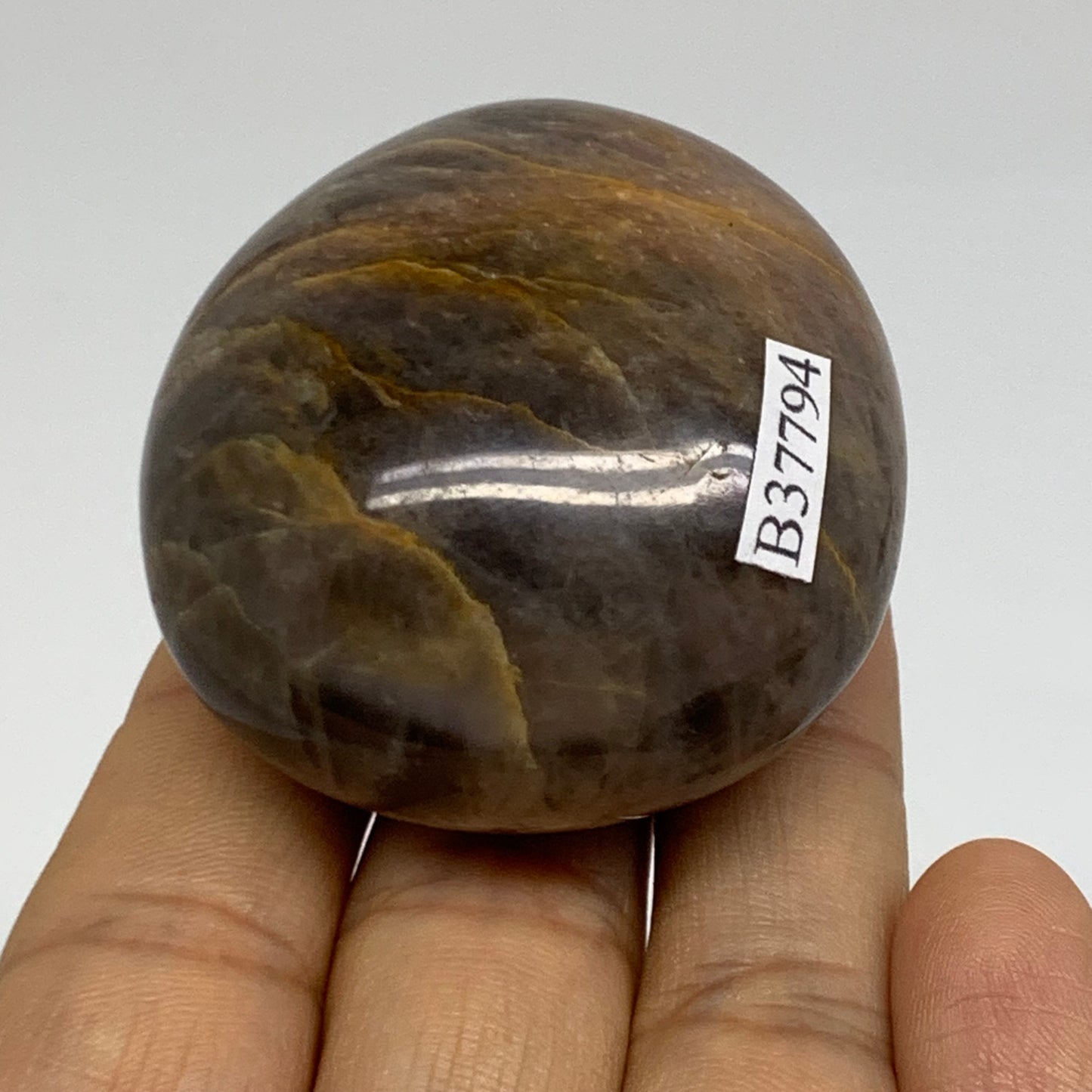 89.3g, 1.9"x1.8"x1.1",  Black Moonstone Crystal Palm-Stone Polished, B37794