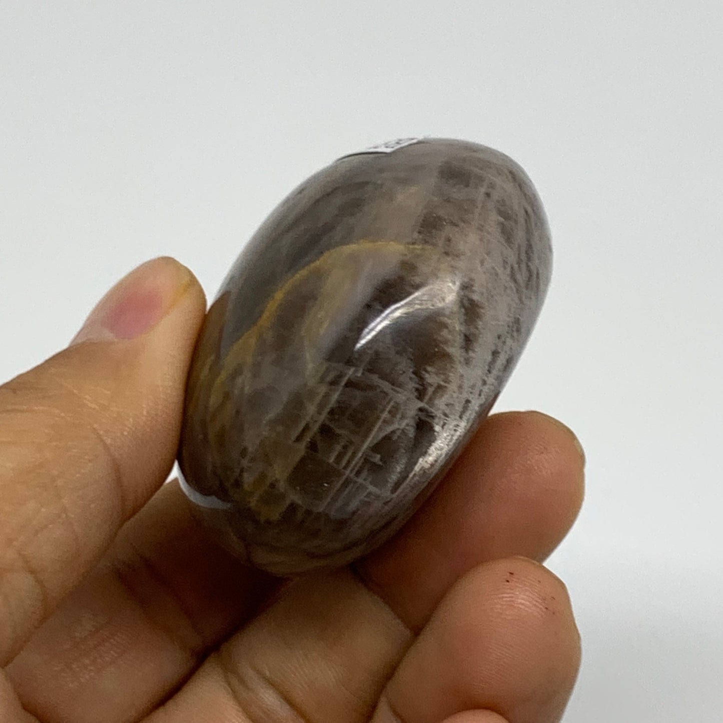 89.3g, 1.9"x1.8"x1.1",  Black Moonstone Crystal Palm-Stone Polished, B37794