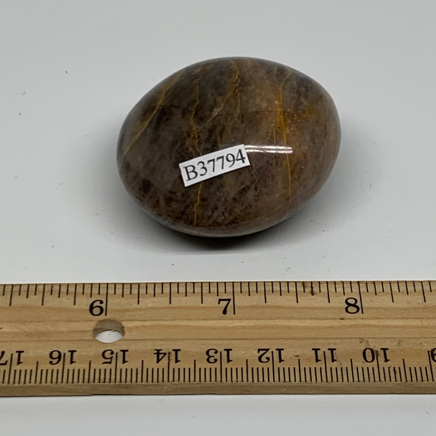 89.3g, 1.9"x1.8"x1.1",  Black Moonstone Crystal Palm-Stone Polished, B37794