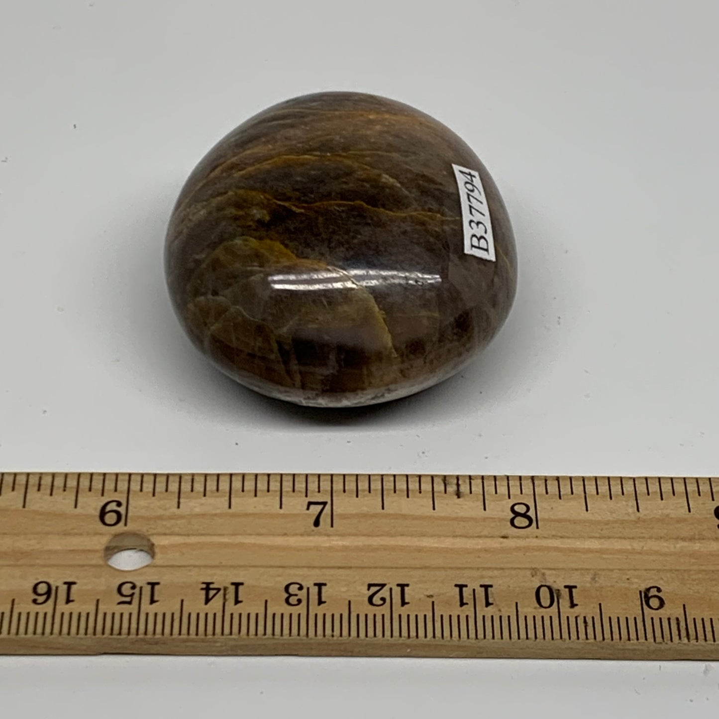 89.3g, 1.9"x1.8"x1.1",  Black Moonstone Crystal Palm-Stone Polished, B37794