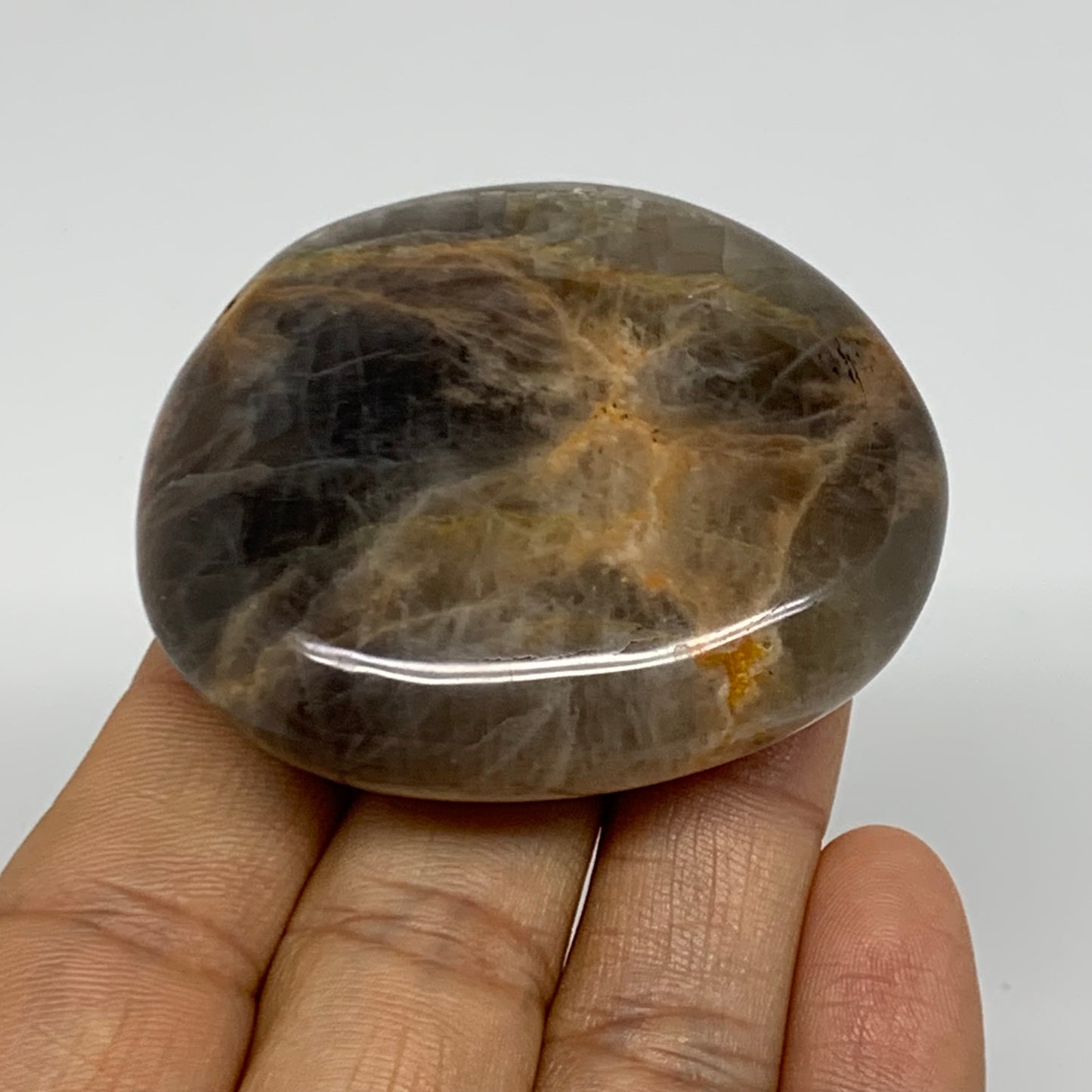 74g, 2.2"x1.9"x0.7",  Black Moonstone Crystal Palm-Stone Polished, B37796