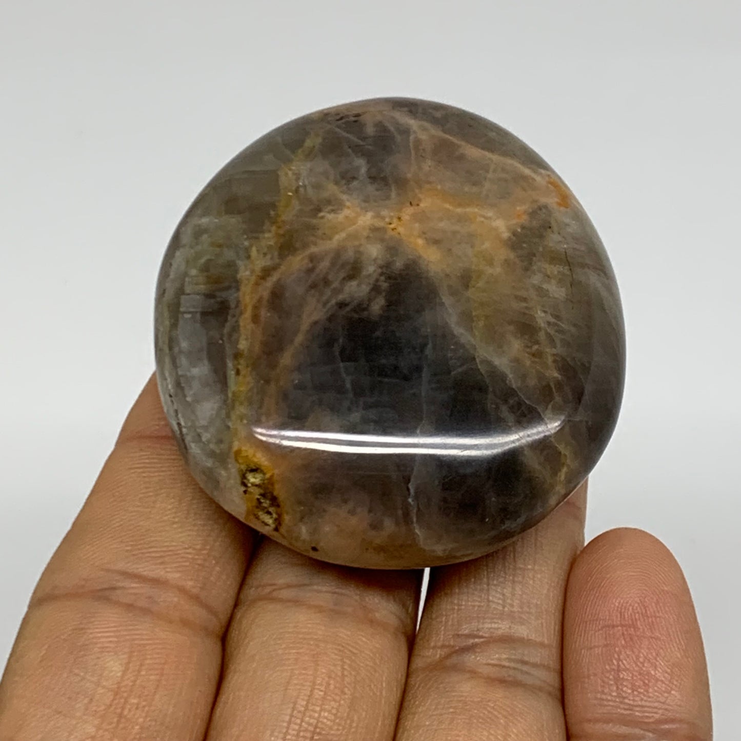 74g, 2.2"x1.9"x0.7",  Black Moonstone Crystal Palm-Stone Polished, B37796