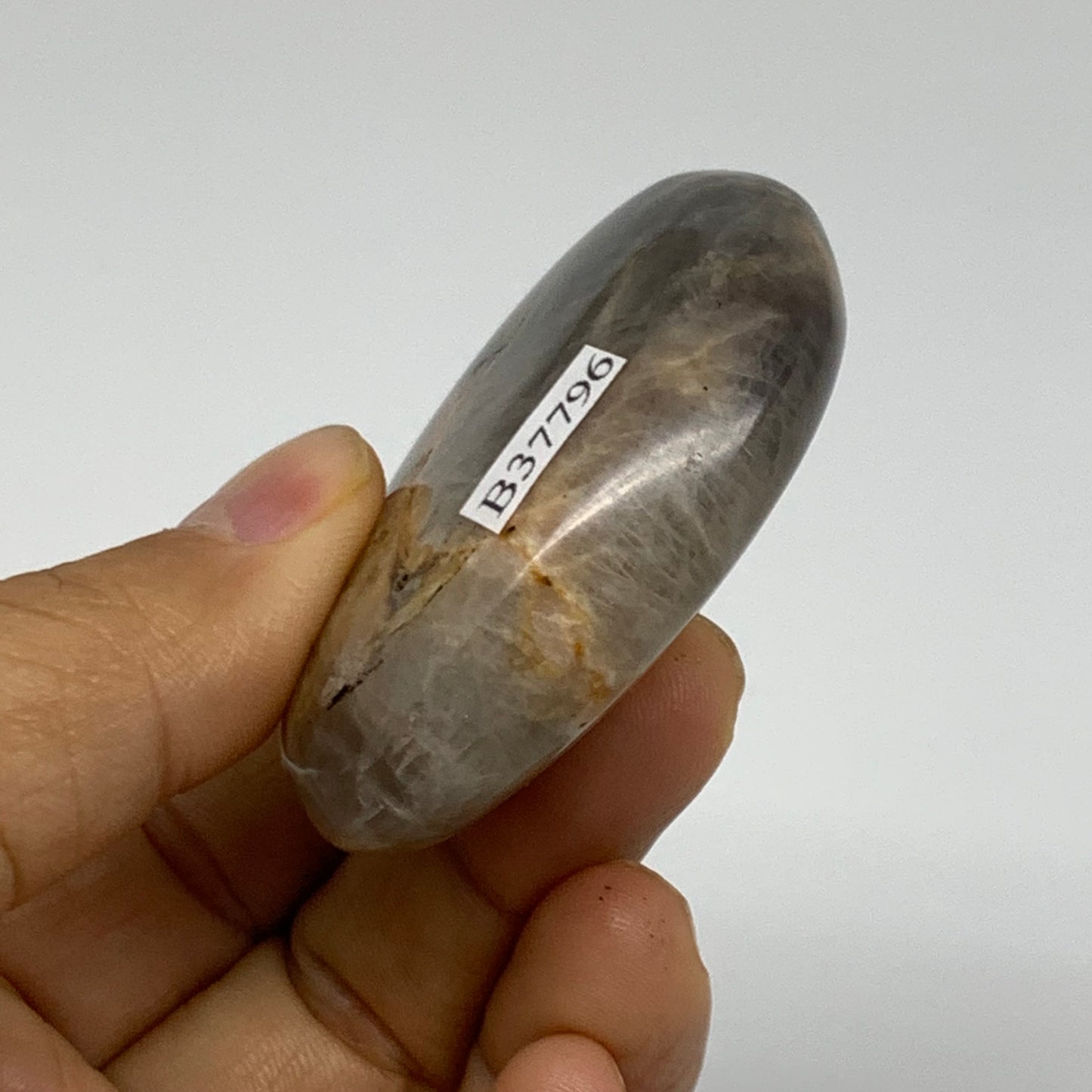 74g, 2.2"x1.9"x0.7",  Black Moonstone Crystal Palm-Stone Polished, B37796