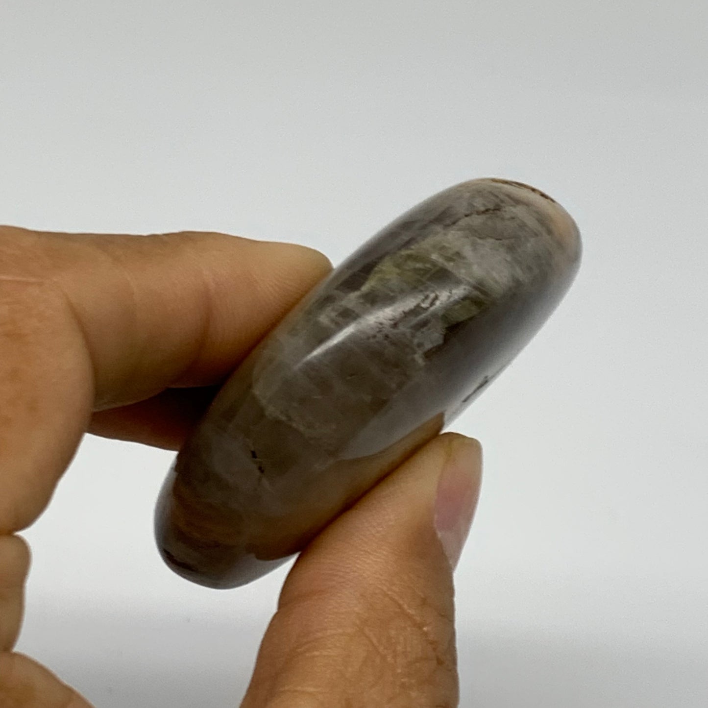 74g, 2.2"x1.9"x0.7",  Black Moonstone Crystal Palm-Stone Polished, B37796