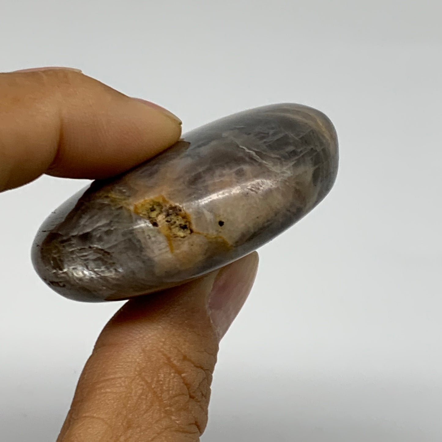 74g, 2.2"x1.9"x0.7",  Black Moonstone Crystal Palm-Stone Polished, B37796