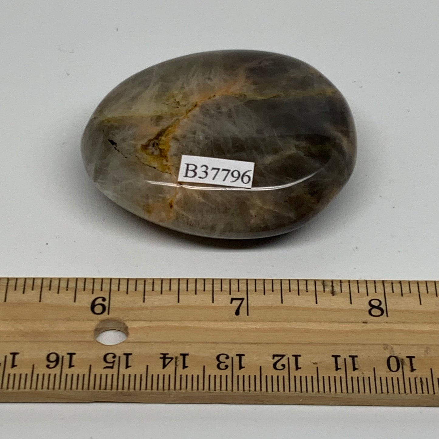 74g, 2.2"x1.9"x0.7",  Black Moonstone Crystal Palm-Stone Polished, B37796