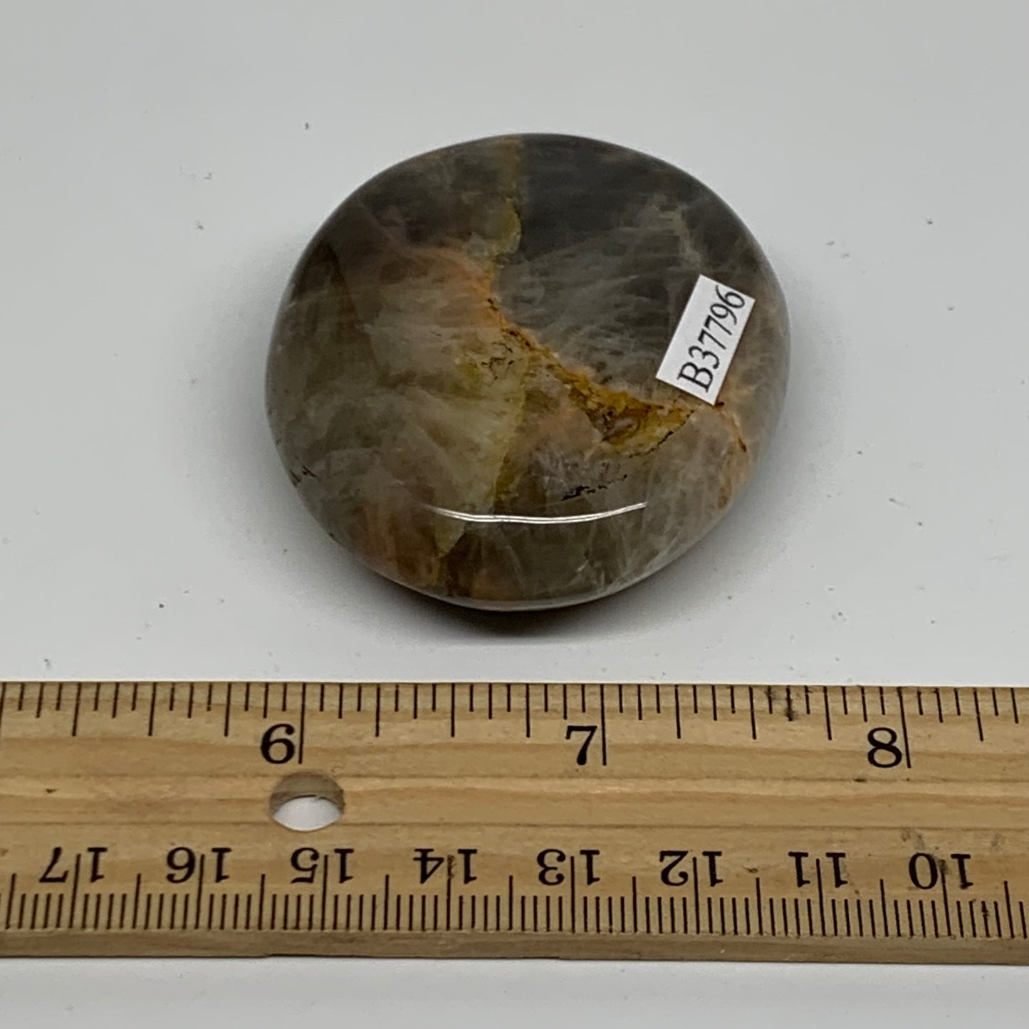 74g, 2.2"x1.9"x0.7",  Black Moonstone Crystal Palm-Stone Polished, B37796
