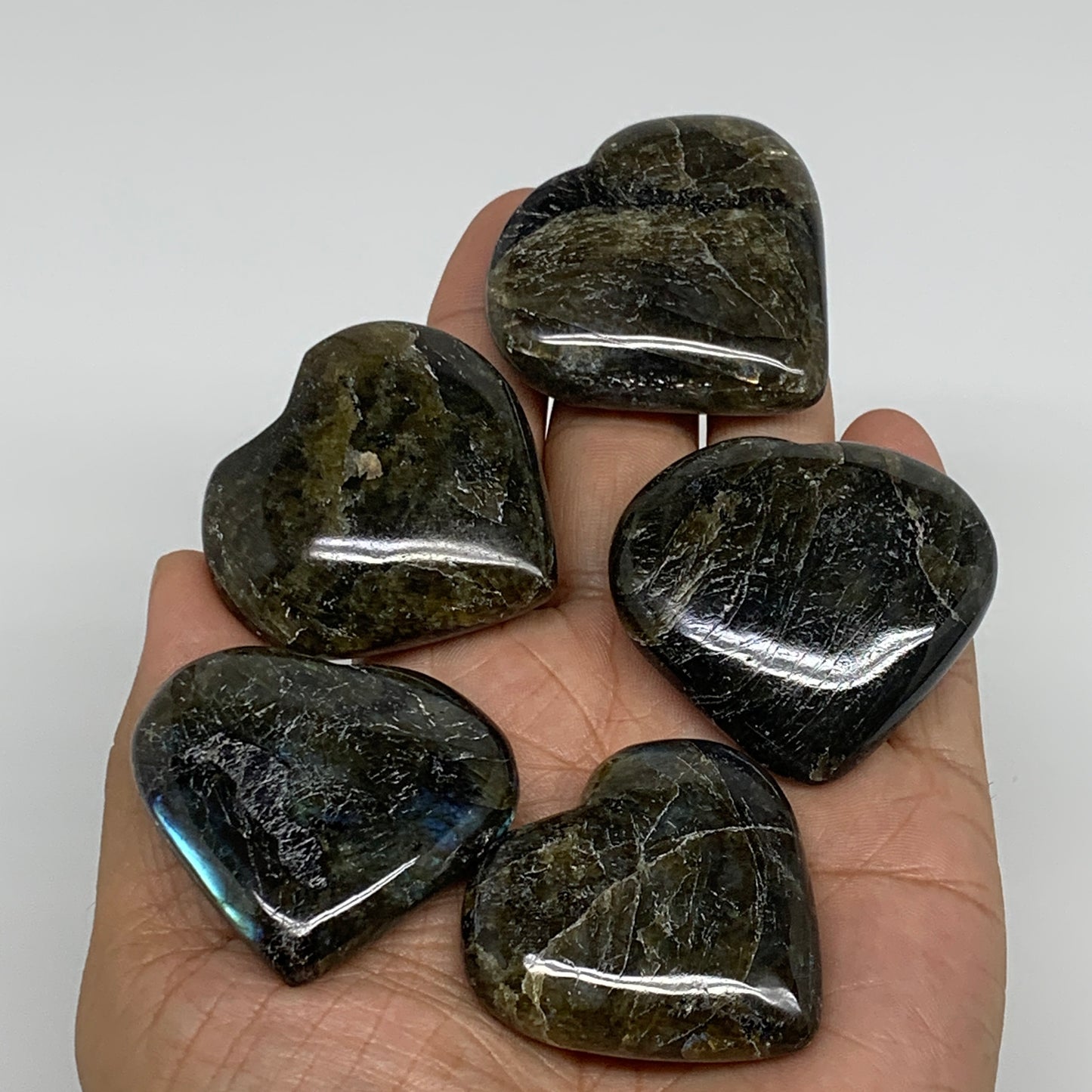 200g, 1.5" - 1.7", 5pcs, Natural Labradorite Heart Polished Crystal, B35520