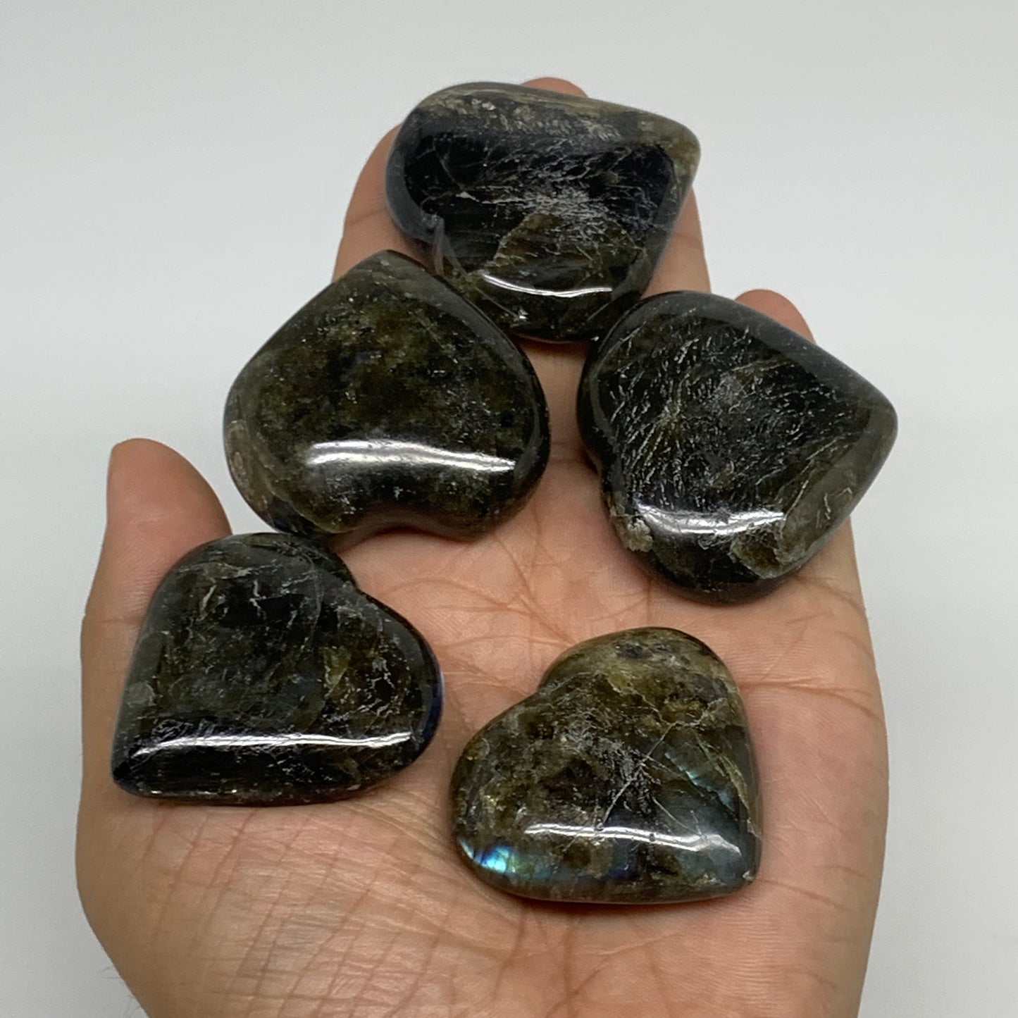 200g, 1.5" - 1.7", 5pcs, Natural Labradorite Heart Polished Crystal, B35520