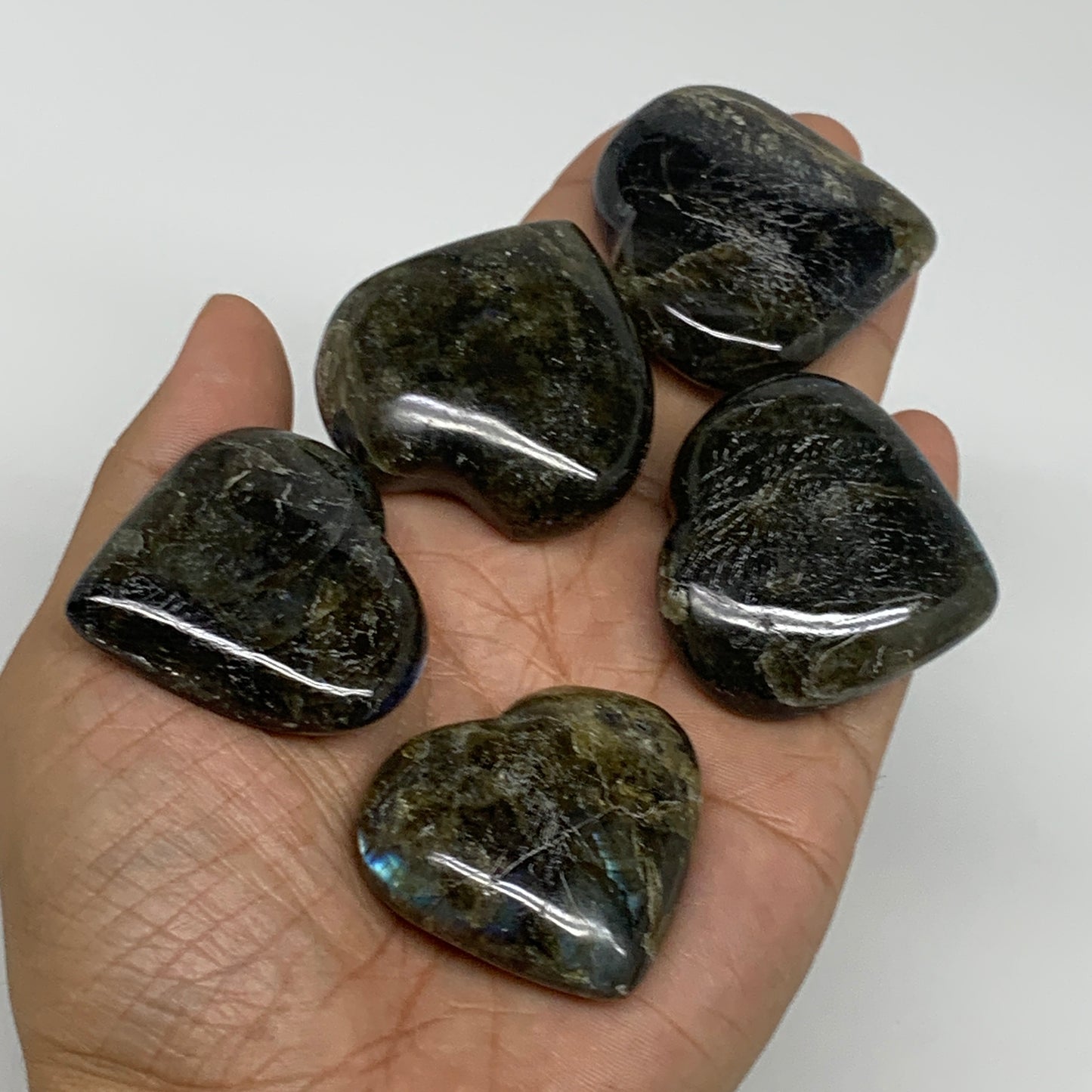 200g, 1.5" - 1.7", 5pcs, Natural Labradorite Heart Polished Crystal, B35520