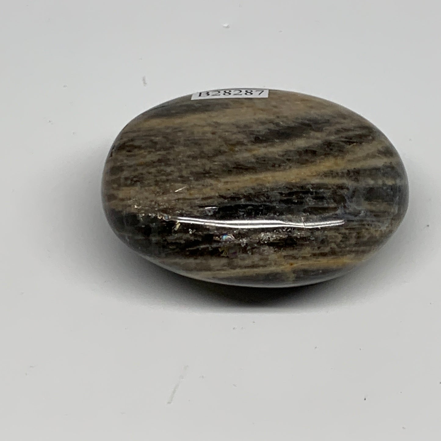105.9g, 2.3"x1.9"x1.1",  Black Moonstone Crystal Palm-Stone Polished Reiki, B282