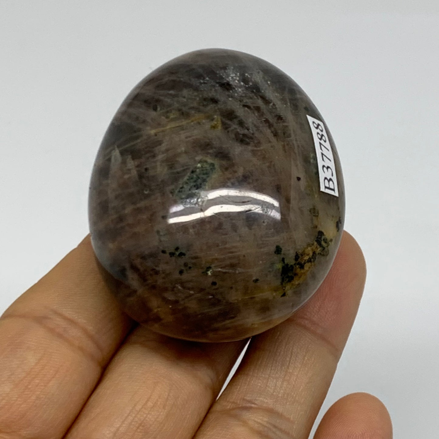 95.8g, 2"x1.7"x1.3",  Black Moonstone Crystal Palm-Stone Polished, B37788