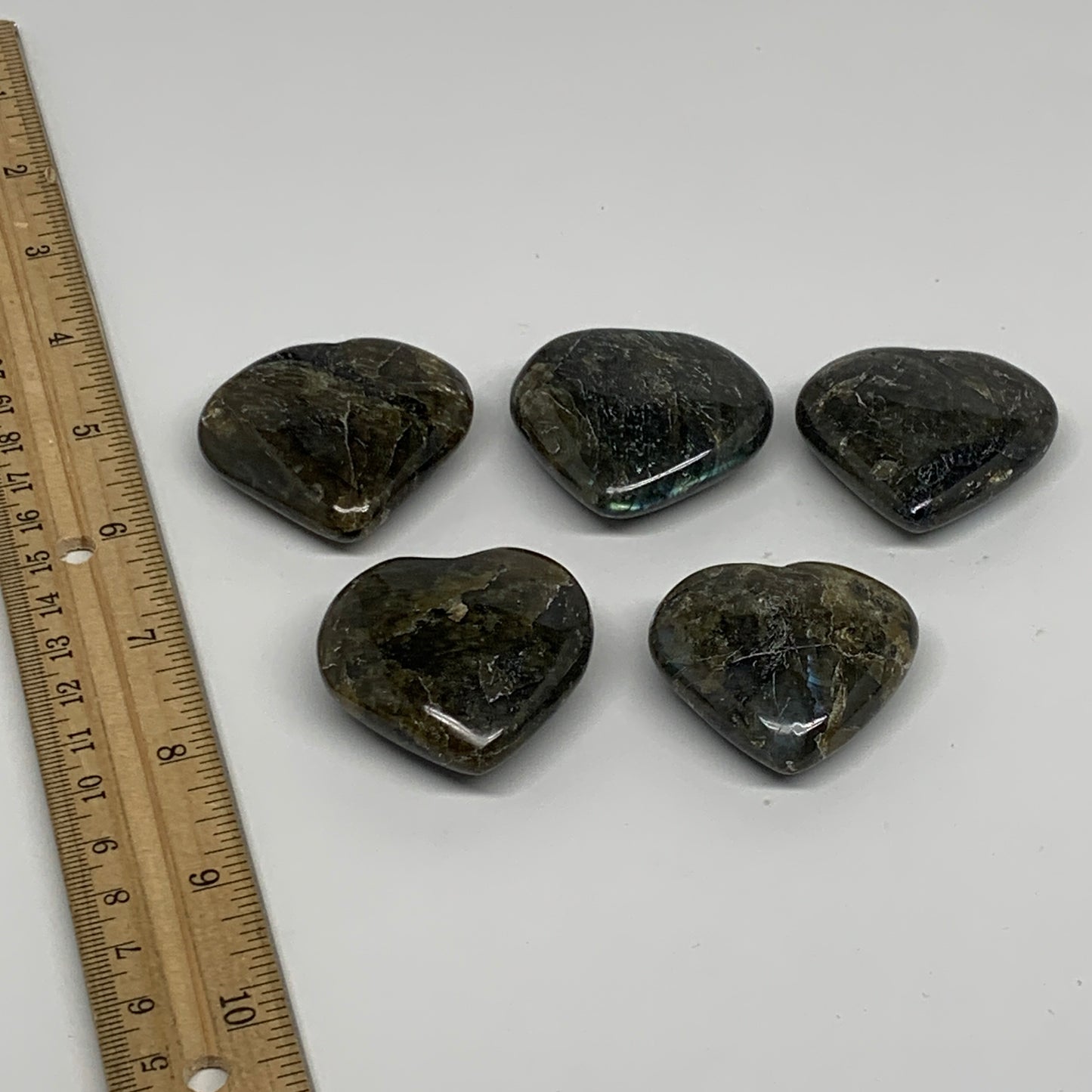 200g, 1.5" - 1.7", 5pcs, Natural Labradorite Heart Polished Crystal, B35520